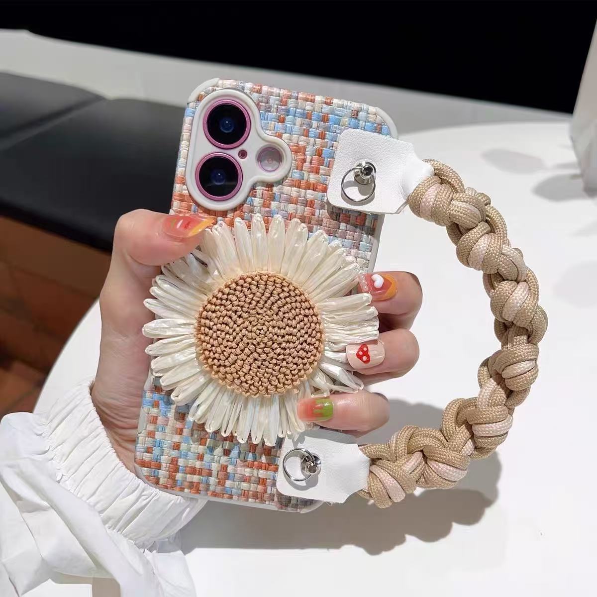 Pulsera de flor tejida de verano para iPhone 16ProMax funda para teléfono móvil 14 Apple 15 diagonal 13 femenino 16