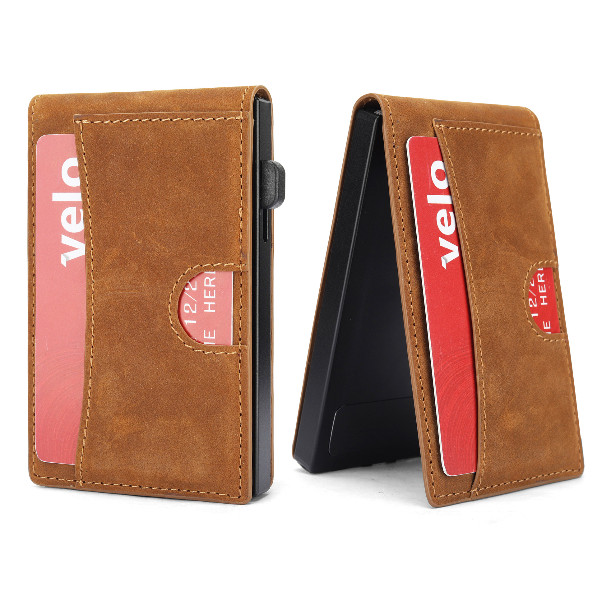 El titular de la tarjeta de Europa y los Estados Unidos, la primera capa de la cartera de cuero de vaca, aleación de aluminio y aluminio, nuevo diseño de cartera de metal, cartera de cuero para hombres, sensación de alto nivel.