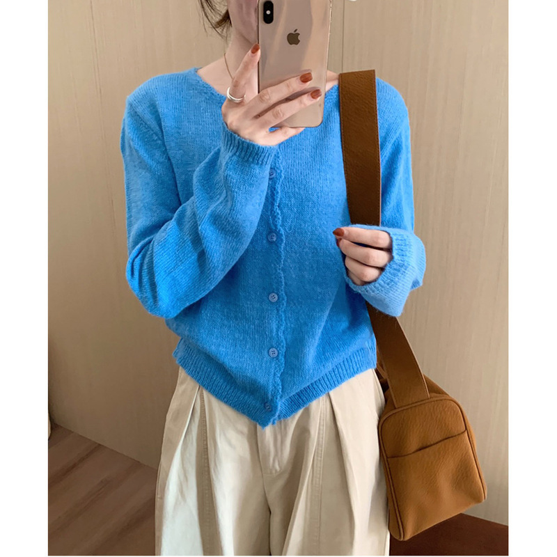 松弛感早秋新款木耳边糖果色针织衫女韩系纯色温柔马海毛毛衣开衫|undefined