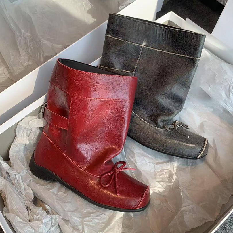 Lammfell-Version ~ Quadratische Retro-Schleife, dicke Sohle, kurze Ballettstiefel, schmale Passform, großer Schaftumfang, gerader Schaft, Western-Cowboystiefel_voghion.com