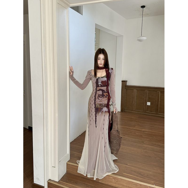 Real Shot of In-Stock Autumn and Winter Double-Layer Design Vintage Print Slim-Fit Long Dress Real Shot of In-Stock Autumn and Winter Double-Layer Design Vintage Print Slim-Fit Long Dress