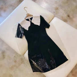 JR小黑裙!网孔牛津面料 撞色钉珠娃娃大翻领25年秋季短款连衣裙女