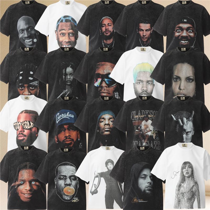 Autonomous American Retro Portrait Printed Short-Sleeved Vintage Heavy Washed Distressed Vtg High Street Trendy T-Shirt