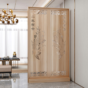 New Chinese-Style Solid Wood Screen Partition for Living Room, Double-Sided Office Entrance Facing the Door, Light Luxury Style Hollow Entrance, Japanese Style