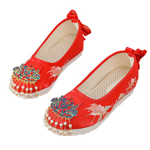  bride Fairy hanfu shoes female pearl pendant increased national wind within single cloth shoes antique embroidered shoes women