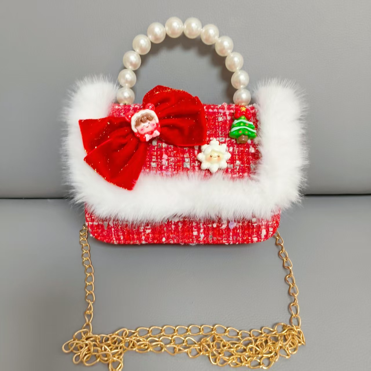 Cartera de Año Nuevo rojo arco de papá Noel bolso de perla pequeña cadena de viento fragante bolso de hombro