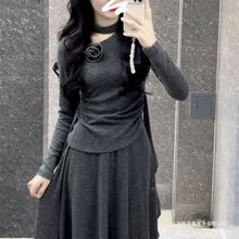 日系森系法式灰色针织甜美连衣裙子女新款气质毛衣长裙清新风