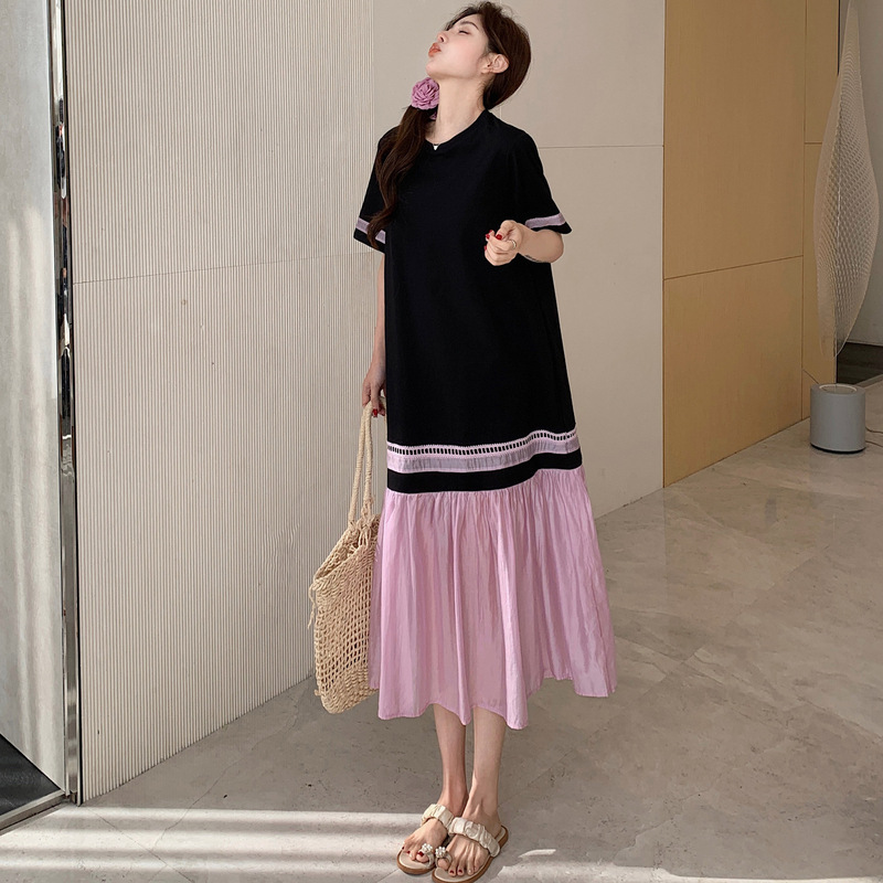 53095 # 2025 New Summer Style/Large Size Korean Style Pleated Stitching Contrast Dress Fake Two-Piece Long Skirt 53095 # 2025 New Summer Style/Large Size Korean Style Pleated Stitching Contrast Dress Fake Two-Piece Long Skirt