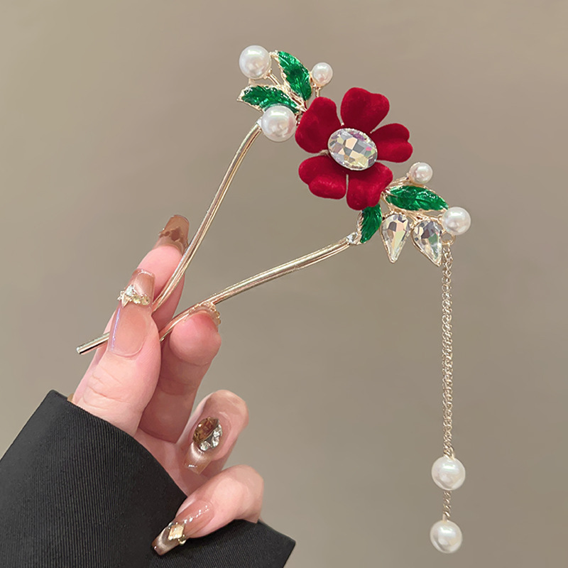 Red feldling crystal flowers U -shaped double fork