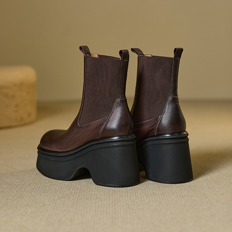 Boot Chelsea nữ da bò mũi tròn đế nêm siêu cao gót cổ ngắn mùa thu đông — Lớp lót nhung đen, đen, Lớp lót nhung màu nâu, nâu