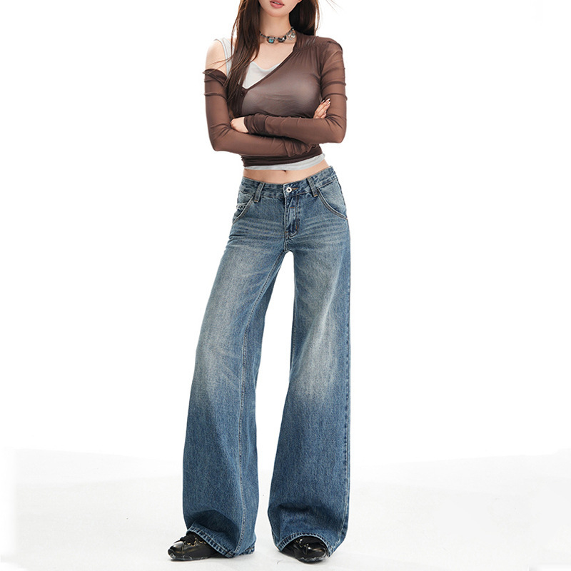 American Retro Low-Waist Wide-Leg Jeans for Women, Autumn New Washed Slimming Straight Pants, Loose Versatile Floor-Length Pants