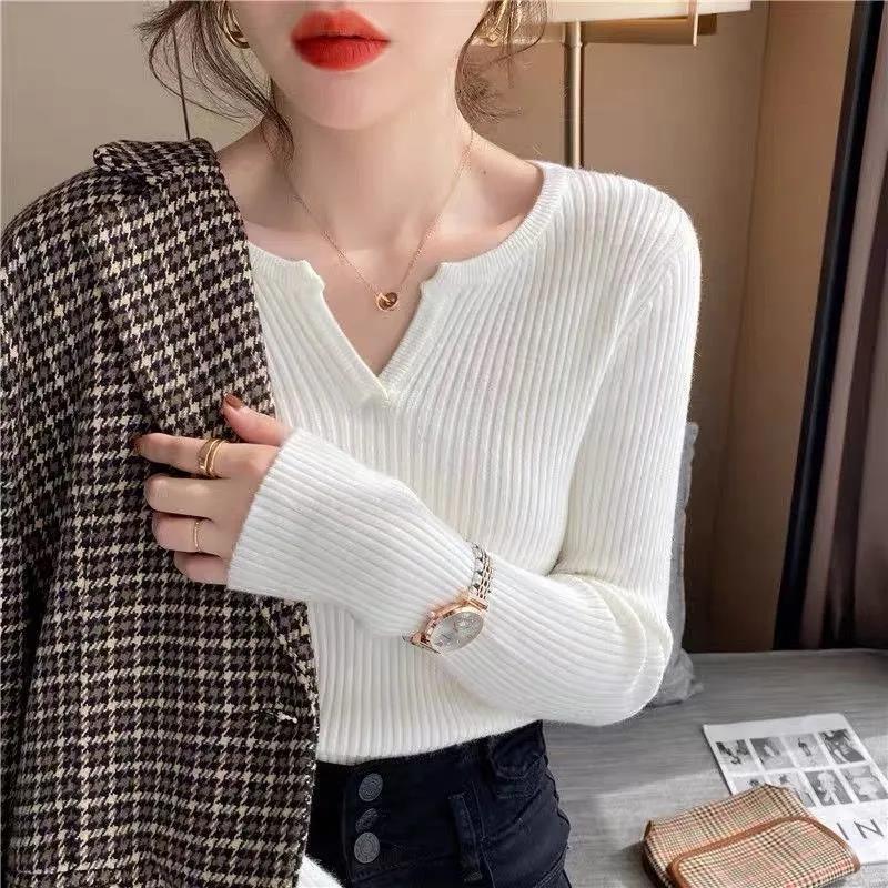 Long-sleeved sweater spring and autumn 2022 new women's tight V-neck sweater with base shirt slim sweater top Long-sleeved sweater spring and autumn 2022 new women's tight V-neck sweater with base shirt slim sweater top