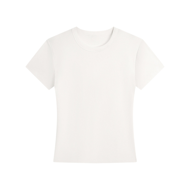 肩の半袖のtシャツの女性のフランスの丸首の2025夏の短いタイプの弾力の修身のギャルの風はやせている短い上着の女性を現します。