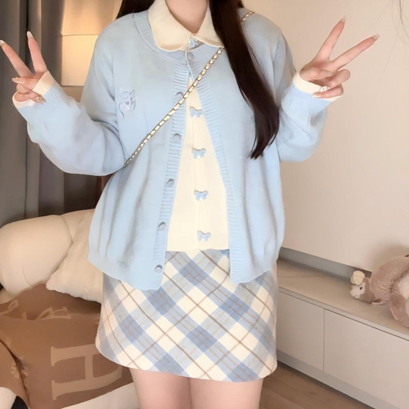 大码女装胖mm秋冬季新款设计感假两件刺绣毛衣翻领宽松显瘦上衣|undefined
