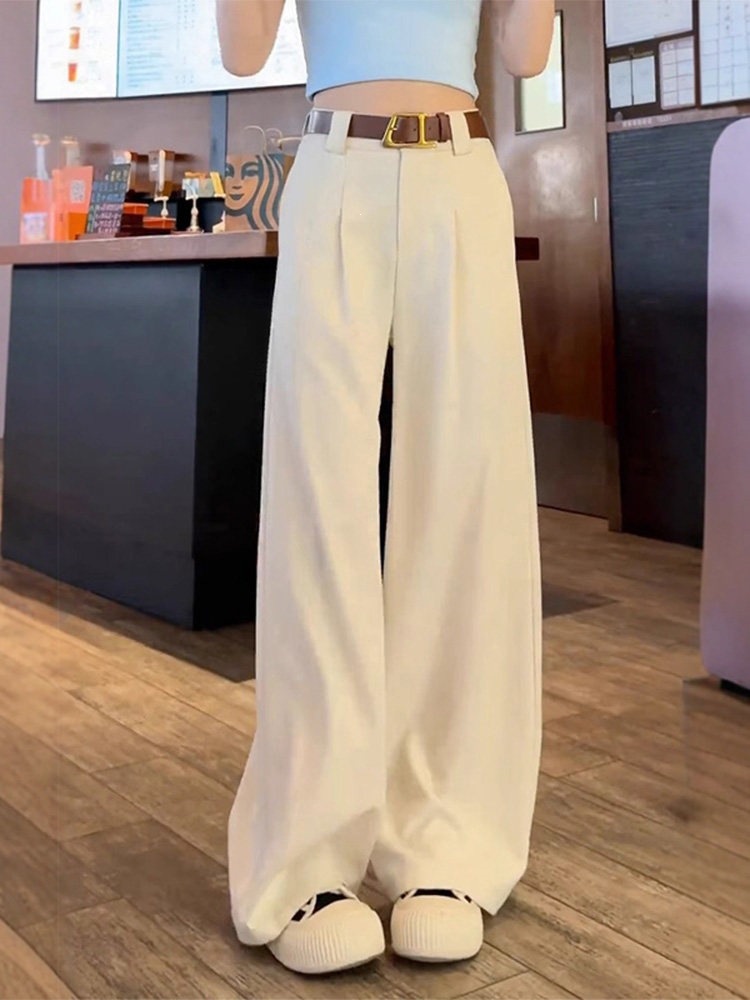 Off-white women's summer thin, flowing, high-end, straight-leg, loose, floor-length, narrow-fit, ice silk wide-leg pants