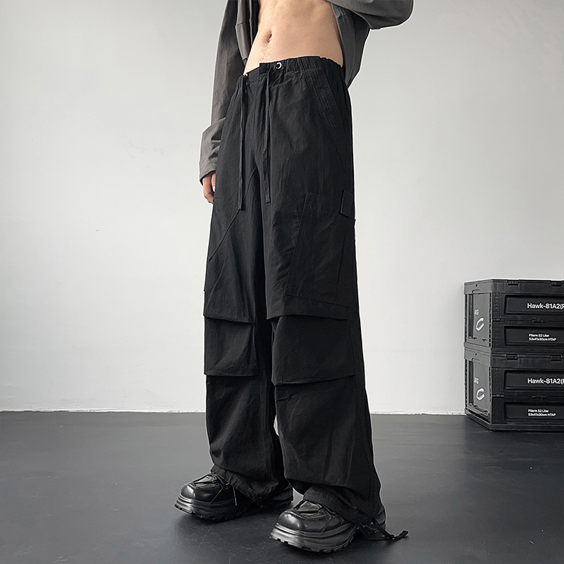 American retro pleated solid color multi-pocket overalls for men and women loose paratrooper pants a generation of hair
