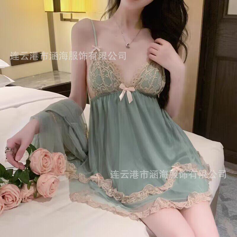 2026 New Sweet Mesh Lace Deep V-Neck Padded Pure Desire Camisole Nightgown Robe Women's Loungewear Set 2026 New Sweet Mesh Lace Deep V-Neck Padded Pure Desire Camisole Nightgown Robe Women's Loungewear Set