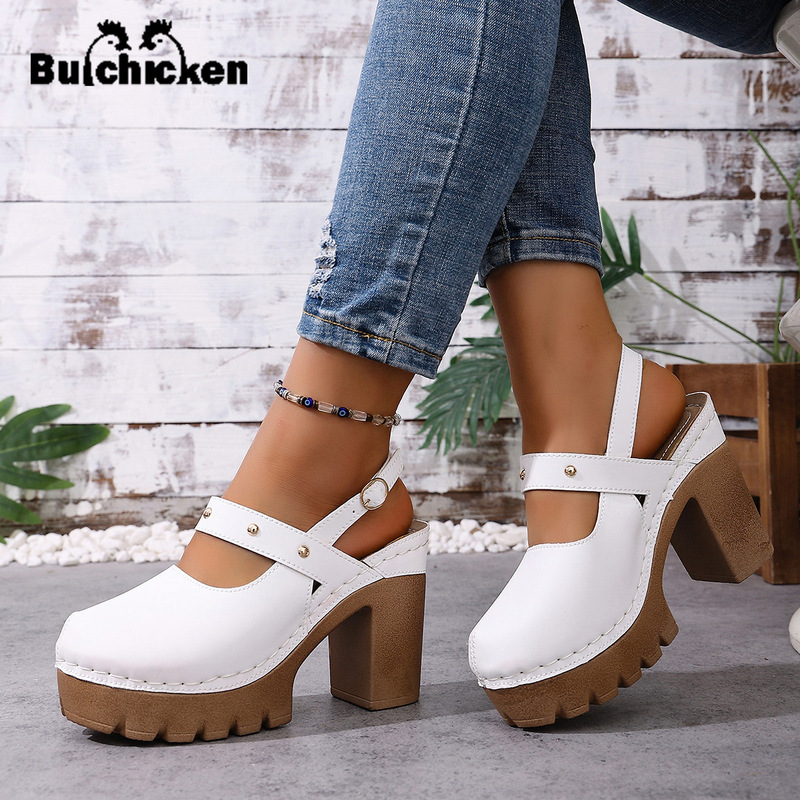 Foreign Trade Thick-Soled High-Heeled Sandals Solid Color Versatile Cross-Border European and American Large Size Fish Mouth Thick Heel Manufacturer Wholesale