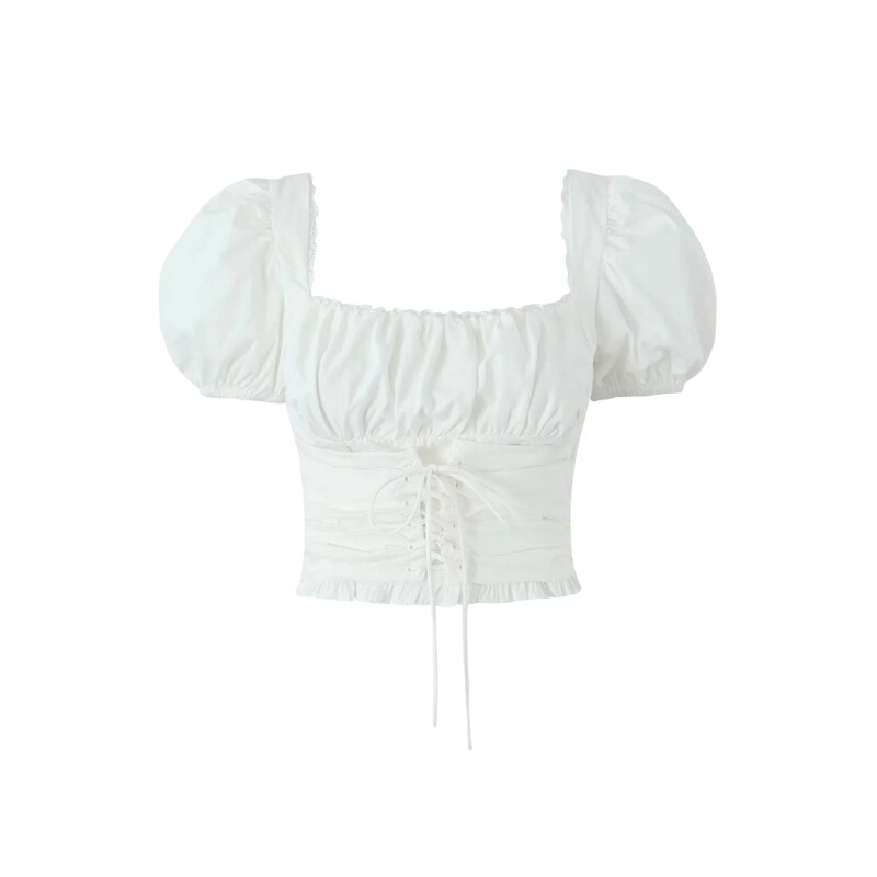French style retro square collar lace bubble short-sleeved top pure waist-tight rope ultra-short navel-exposed hot girl shirt