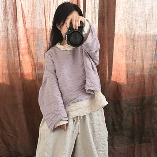 11220秋季长袖女外套文艺复古V领休闲衬衫女装百搭短外套亚麻小衫