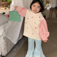 Children's Embroidered Knit Vest 2024 Spring Item Korean Style Girls' Children Sweet Hooded Sleeveless Backless Sweater