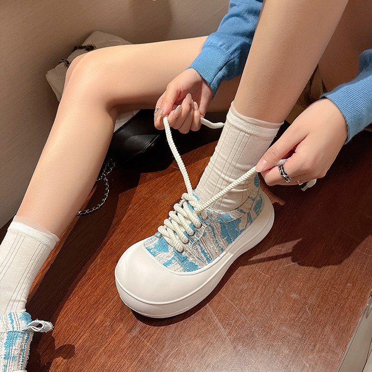 Giày loafer nữ đế xuồng platform 5cm, mũi tròn buộc dây, da thật — xanh lam, màu vàng
