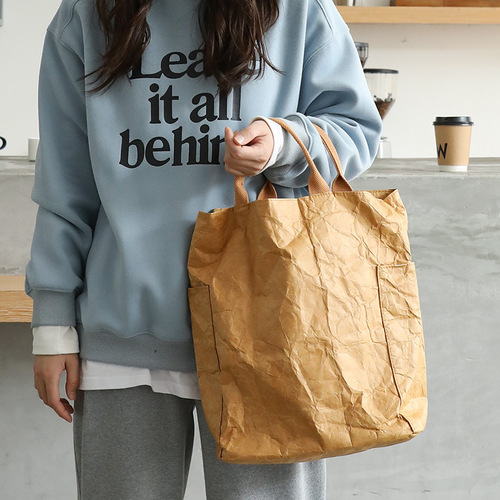 日系休闲复古手提包ins时尚杜邦纸单肩包网红洗水牛皮纸单肩女包