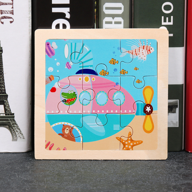 Rompecabezas para niños, animales de dibujos animados, rompecabezas plano de 9 piezas, educación temprana para bebés, iluminación, cognición, juguetes de madera transfronterizos