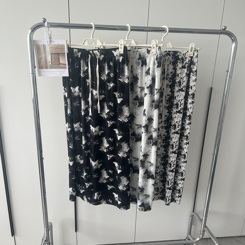 New Chinese Ink Splash Ink Butterfly Wide Leg Pants Women's Summer High Waist Slimming Hangting Casual Straight Walking Pants