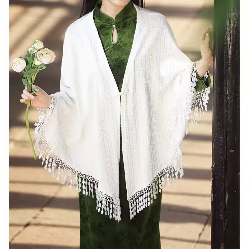 米白色流苏披肩镂空百搭针织开衫搭配旗袍无袖文艺民国风气质高端