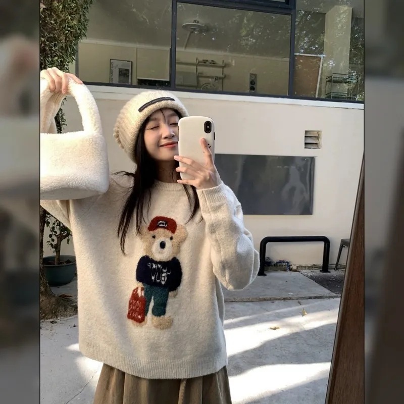 나른한 바람 나이 빼기 2023 곰돌이 신상 한국판 스웨터 여자 가을 겨울 와이