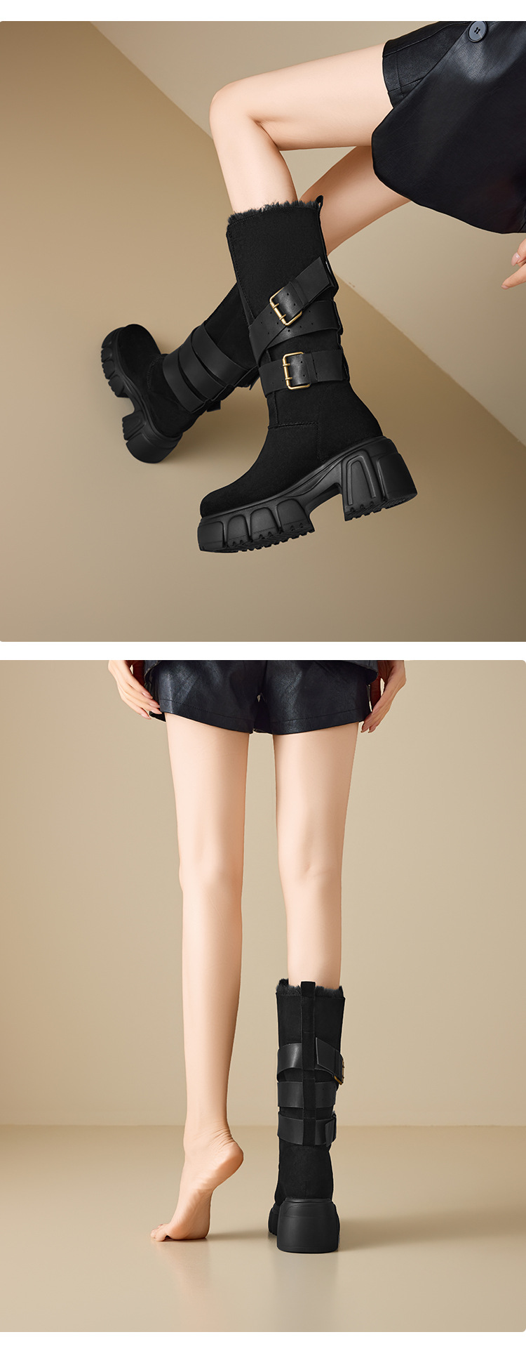 Boot nữ mùa đông kiểu Anh gót vuông 10cm khóa thắt lưng phong cách xe máy — nhung đen chi tiết 5