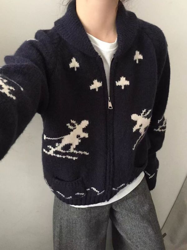 韩国复古提花滑雪人翻领毛衣开衫女秋冬新款宽松软糯拉链针织外套|undefined