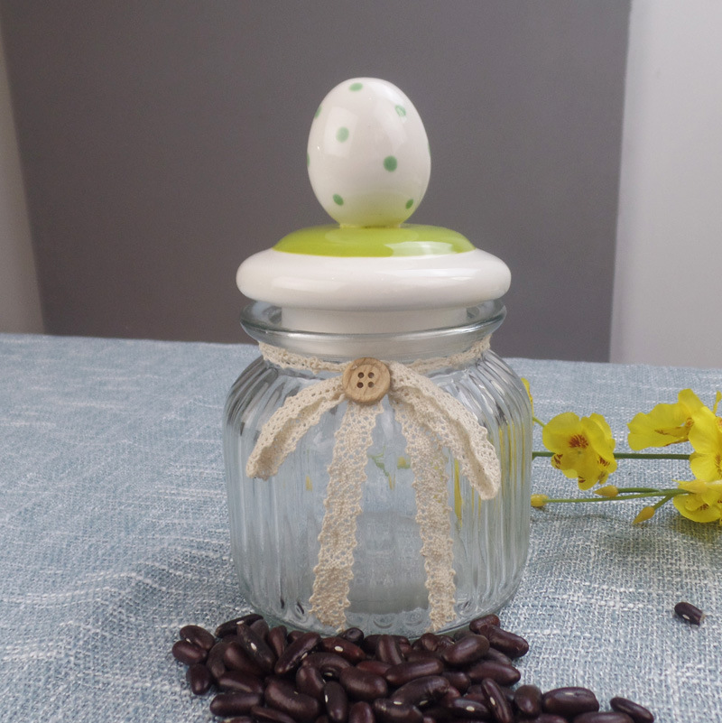 工厂外销手绘陶瓷盖子玻璃密封罐3D复活节鸡蛋盖子陶瓷玻璃储物罐