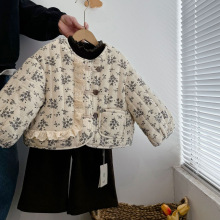 2025冬季女童碎花棉服套装时髦百搭加厚加绒棉服女宝宝冬季三件套