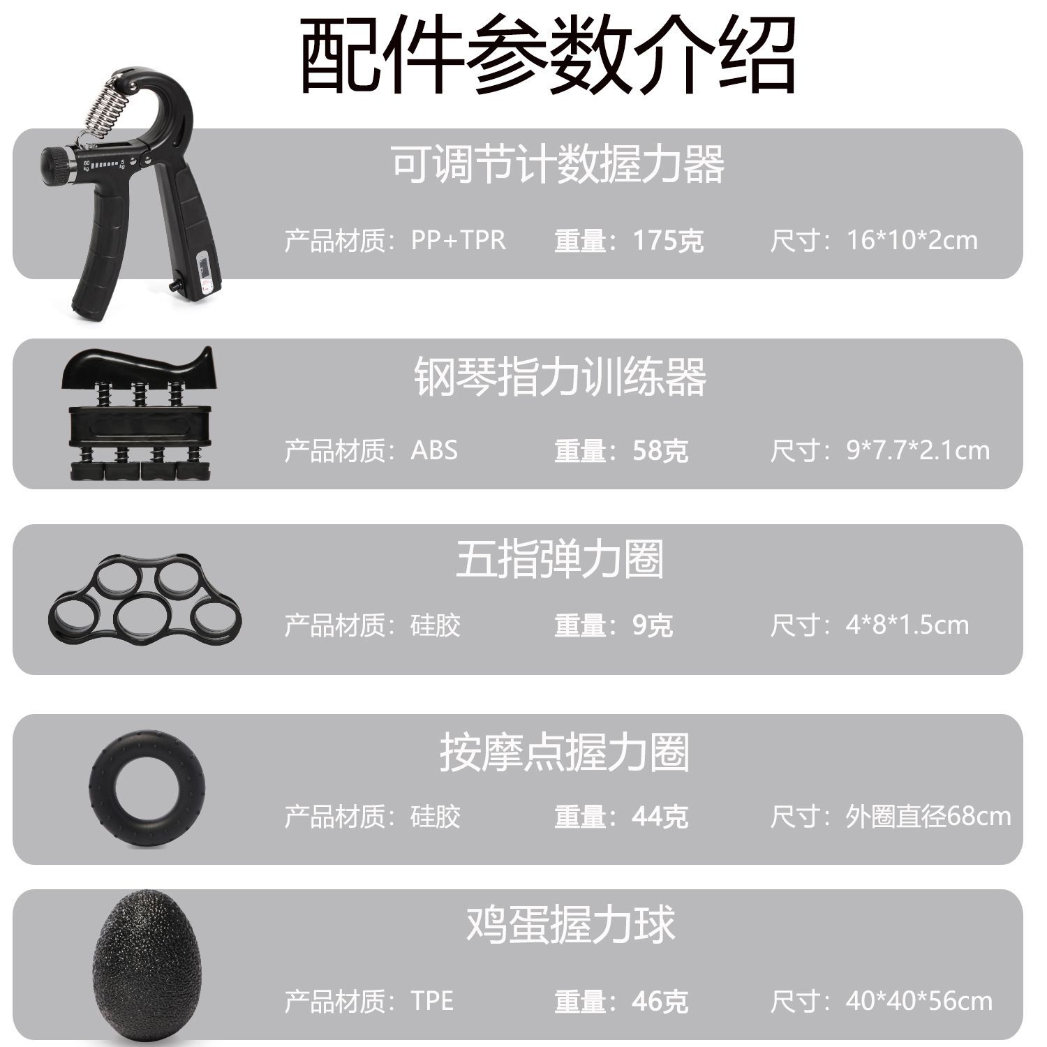 Conteo ajustable conjunto de empuñadores de mano de cinco piezas conjunto de empuñadores de mano de ejercicio entrenador de mano de rehabilitación de dedos