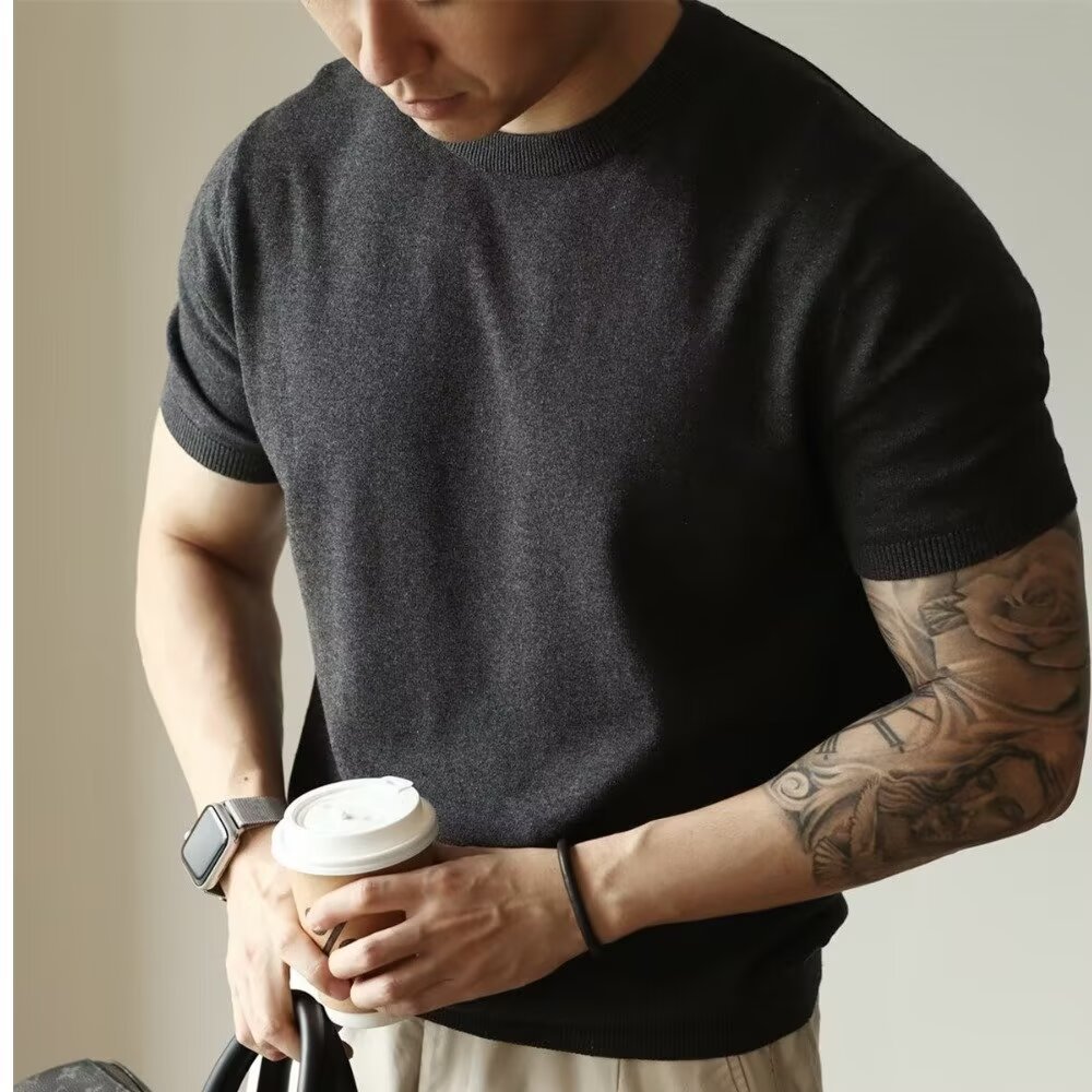 アメリカンスモールネックラインニットアイスシルクTシャツメンズクールスリムフィットワークウェア半袖スウェットシャツビジネス通勤ボトリングシャツ