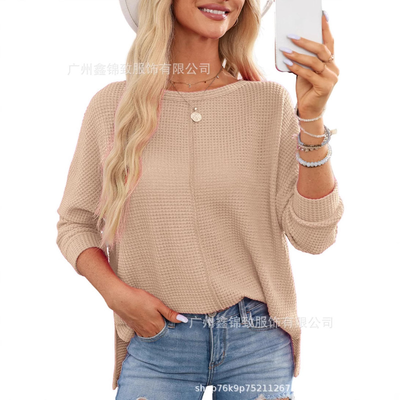 Women's 2024 Autumn Clothing Round Neck Bat Wing Long Sleeve Shirt Waffled Knitted Pullover Top