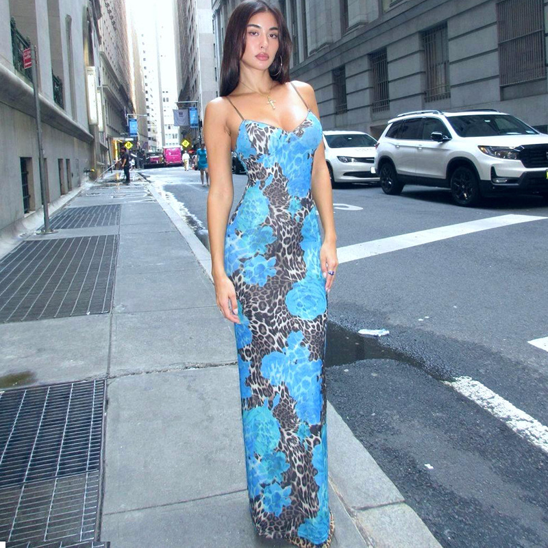2026 European and American Summer New Women's Long Dress Street Style Elegant Slim-Fit Printed Design Spaghetti Strap Dress for Women