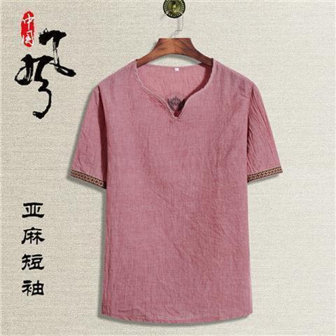 Verano con cuello en V de manga corta de los hombres de algodón transpirable y lino camiseta casual versátil media manga de los hombres retro camiseta delgada superior