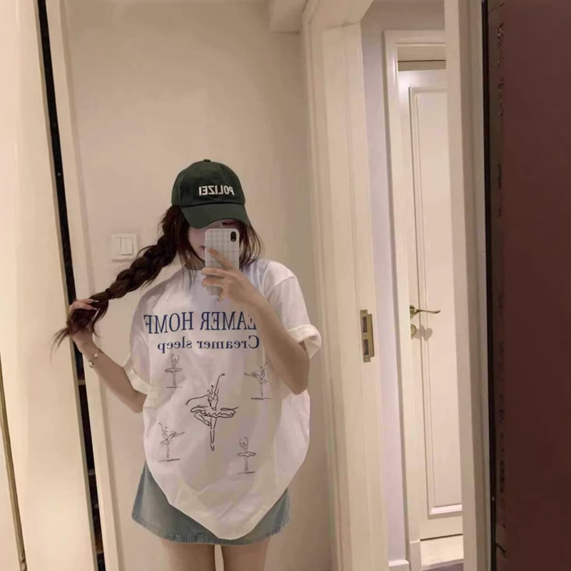 American Retro Ballet Girl Print Plus-Size Short-Sleeve T-Shirt for Women, Summer Loose Casual Couple's Top Trendy
