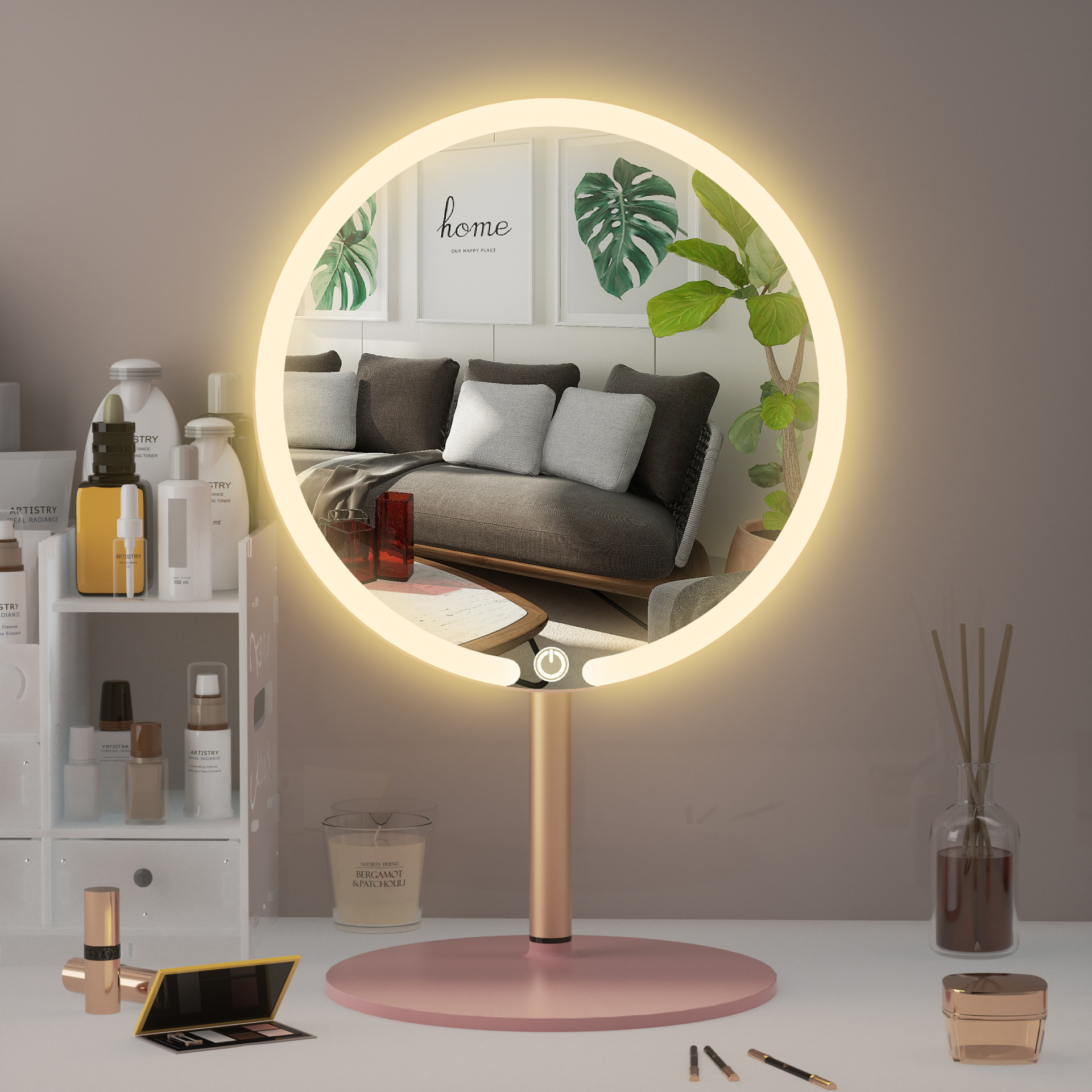 Trendy Round Led Mirror for Home Use, French-Style Desktop Bathroom Vanity Mirror with Light, Large Luminous Makeup Mirror