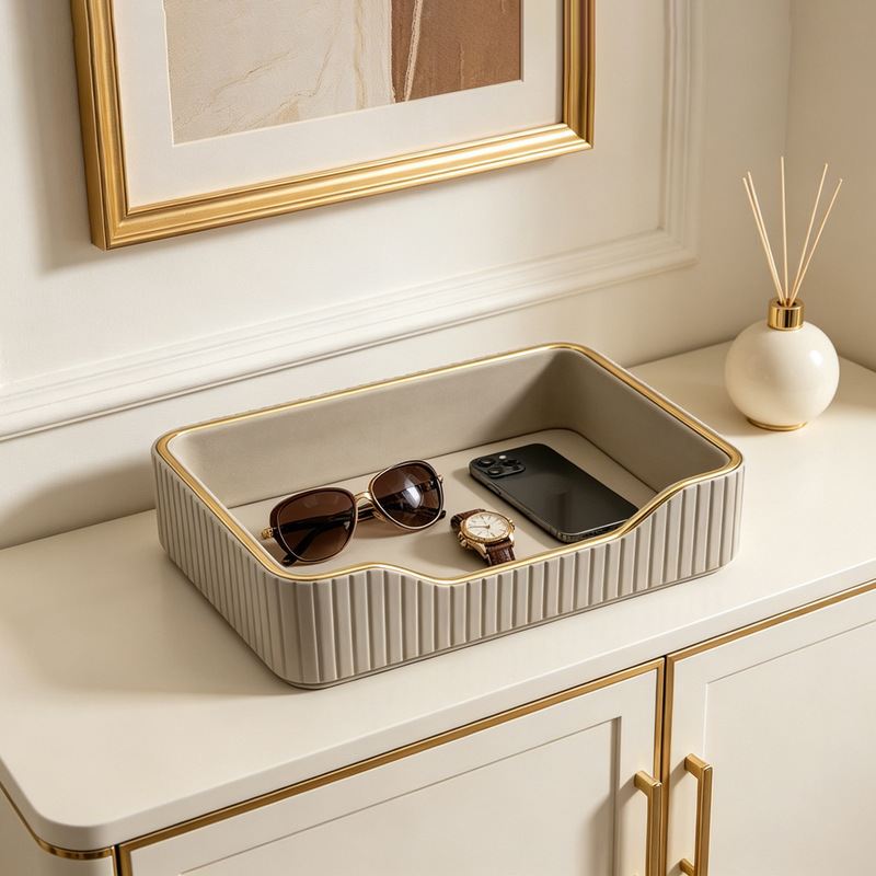 Key Storage Tray at the Entrance, Simple and Luxurious Leather Storage Tray, Desktop Cosmetics and Miscellaneous Storage Box