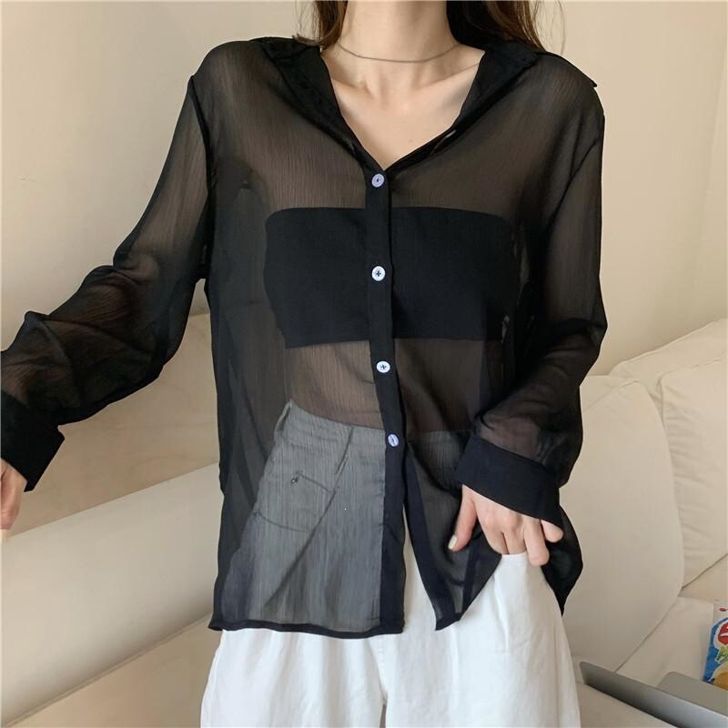 Black Chiffon Sun Protection Shirt for Women, 2026 Summer New Style, Plus Size Loose Drapey Transparent Top