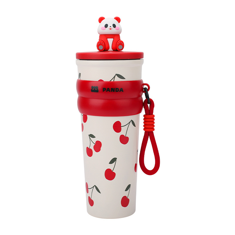 Vaso de agua creativo con pajita, vaso aislado, alto valor estético, gran capacidad, vaso de viaje con diseño de panda, acero inoxidable 304, diseño de dibujos animados portátil.