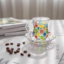 彩色手绘咖啡杯水杯带把水杯茶杯碟子马克杯两件套家用欧式编织编