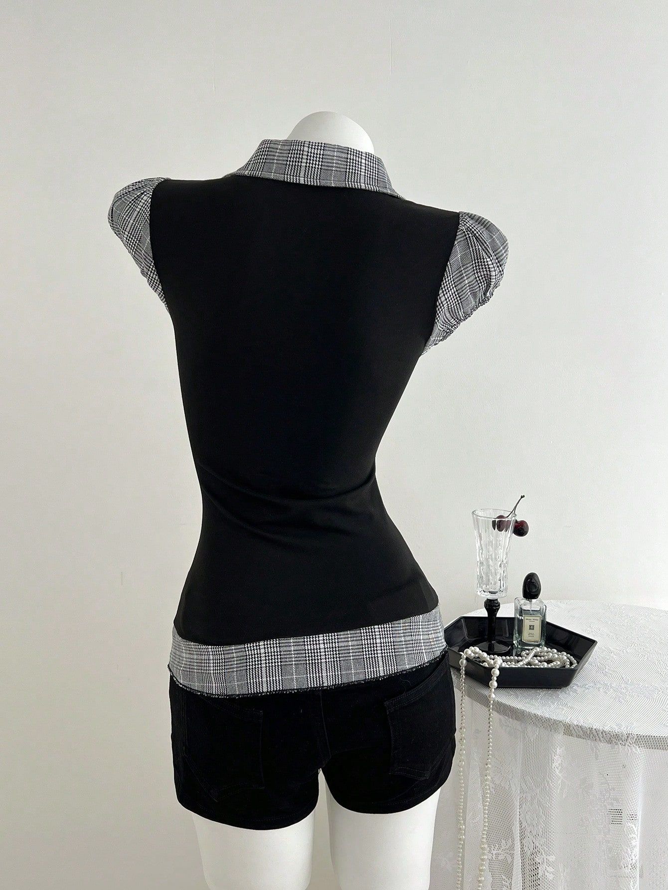 Women's Waist-Defining Plaid Contrast False Two-Layer T-Shirt - Slim Fit Casual Top With Color Block Design_ecoleips.com