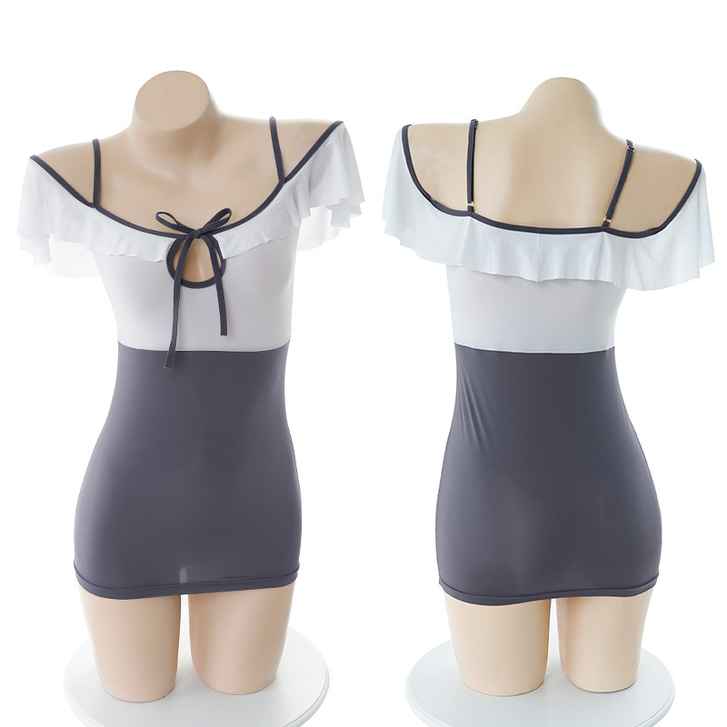 Lencería sexy con volantes fuera del hombro falda de la cadera traje de la Pasión Secretario discoteca uniforme seductor Sao entrega de una sola pieza