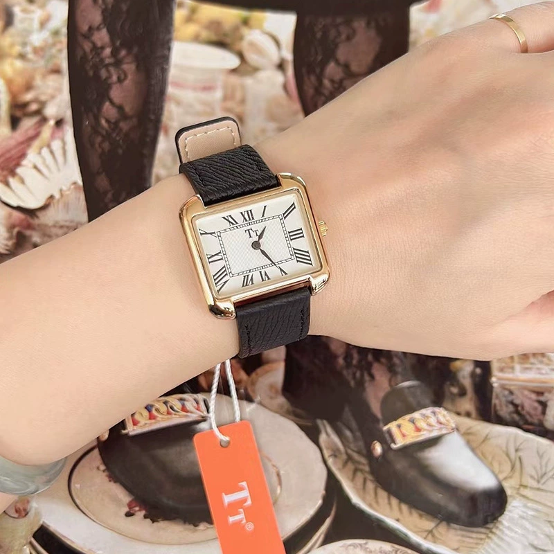 Retro square small square watch, belt, simple and elegant design, genuine leather