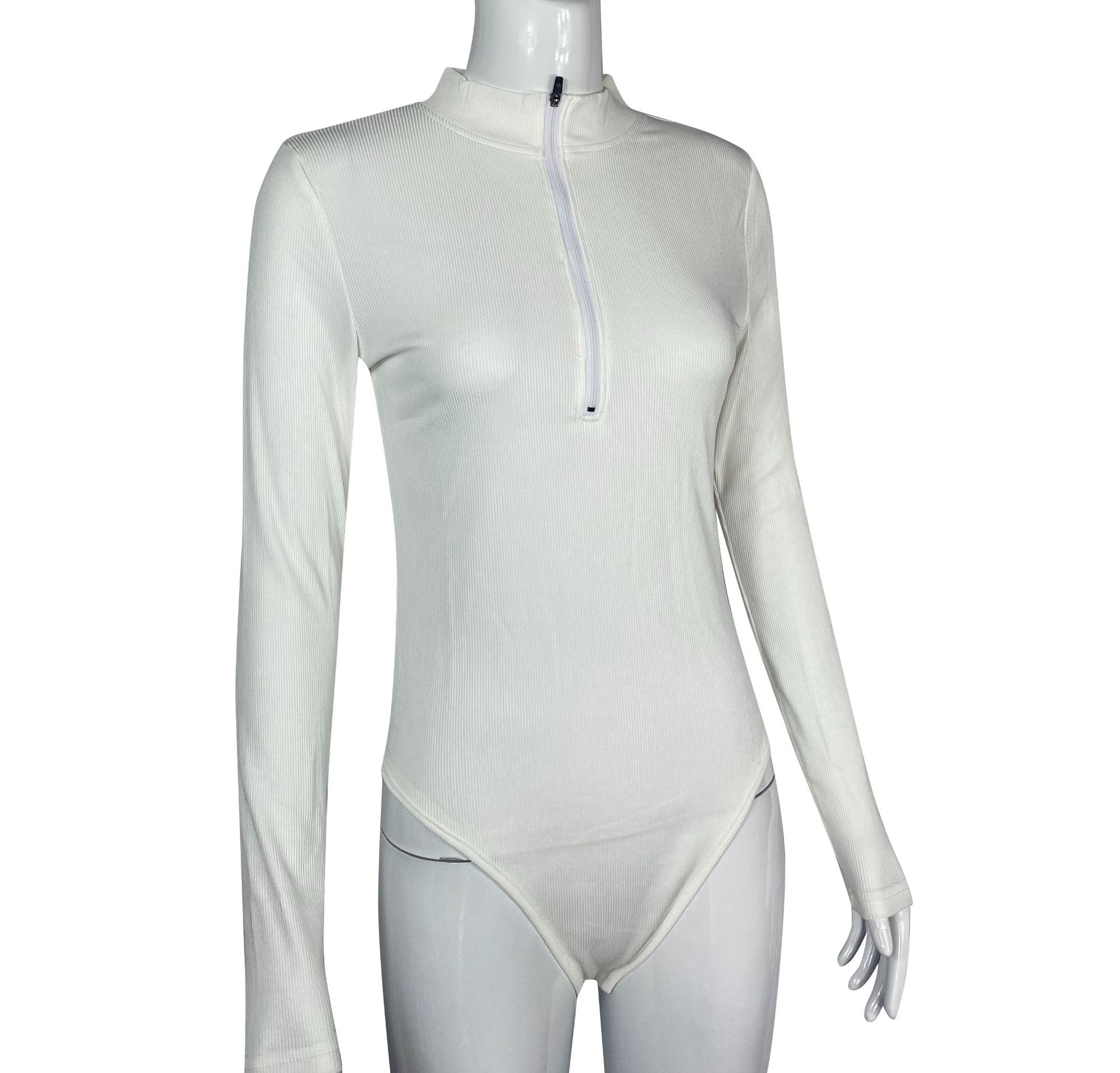 Ribbed Long Sleeve Bodysuit With Front Zipper - Stretchy Soft Fabric For Women, Seamless Layering Top, Comfortable Casual And Night Out Jumpsuit_ecoleips.com